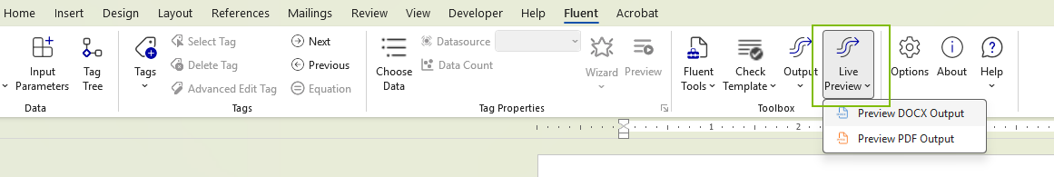 Start Live Preview options in the Fluent ribbon